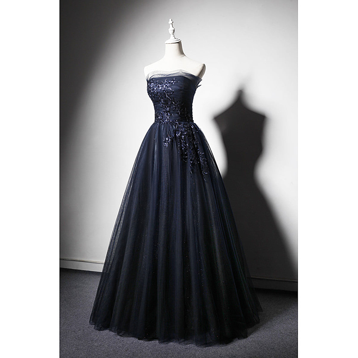 Navy Blue A-Line Tulle With Lace Scoop Long Prom Dress, Navy Blue Evening Dress Secondary image