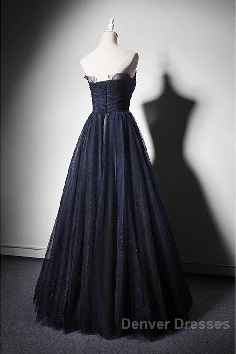 Navy Blue A-Line Tulle With Lace Scoop Long Prom Dress, Navy Blue Evening Dress