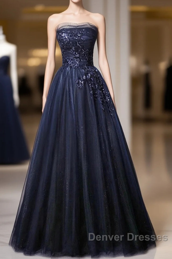 Navy Blue A-Line Tulle With Lace Scoop Long Prom Dress, Navy Blue Evening Dress