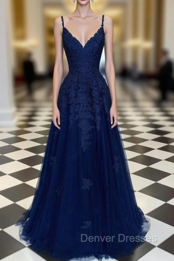 Navy Blue A-Line V-neck Floor-Length Chiffon Prom Dress With Lace Sequins