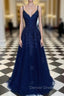 Navy Blue A-Line V-neck Floor-Length Chiffon Prom Dress With Lace Sequins