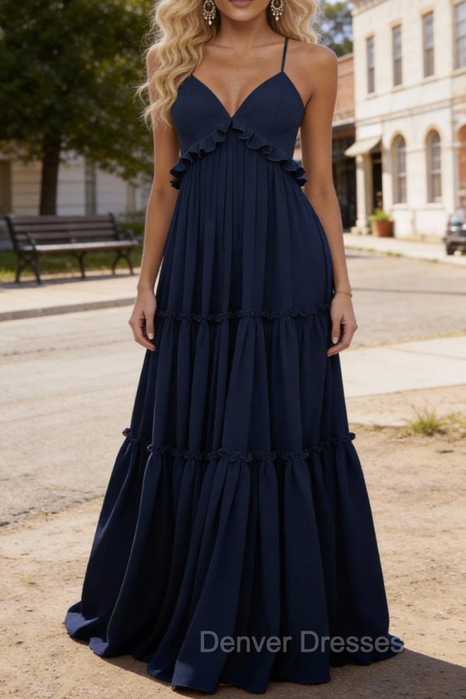 Navy Blue A-line V Neck Sleeveless Floor-Length Chiffon Prom Dress Long Prom Dresses Backless with Pleated Ruffles Main image
