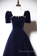 Navy Blue A-Line Velvet Long Evening Dress, Short Sleeves Beaded Prom Dress