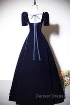 Navy Blue A-Line Velvet Long Evening Dress, Short Sleeves Beaded Prom Dress