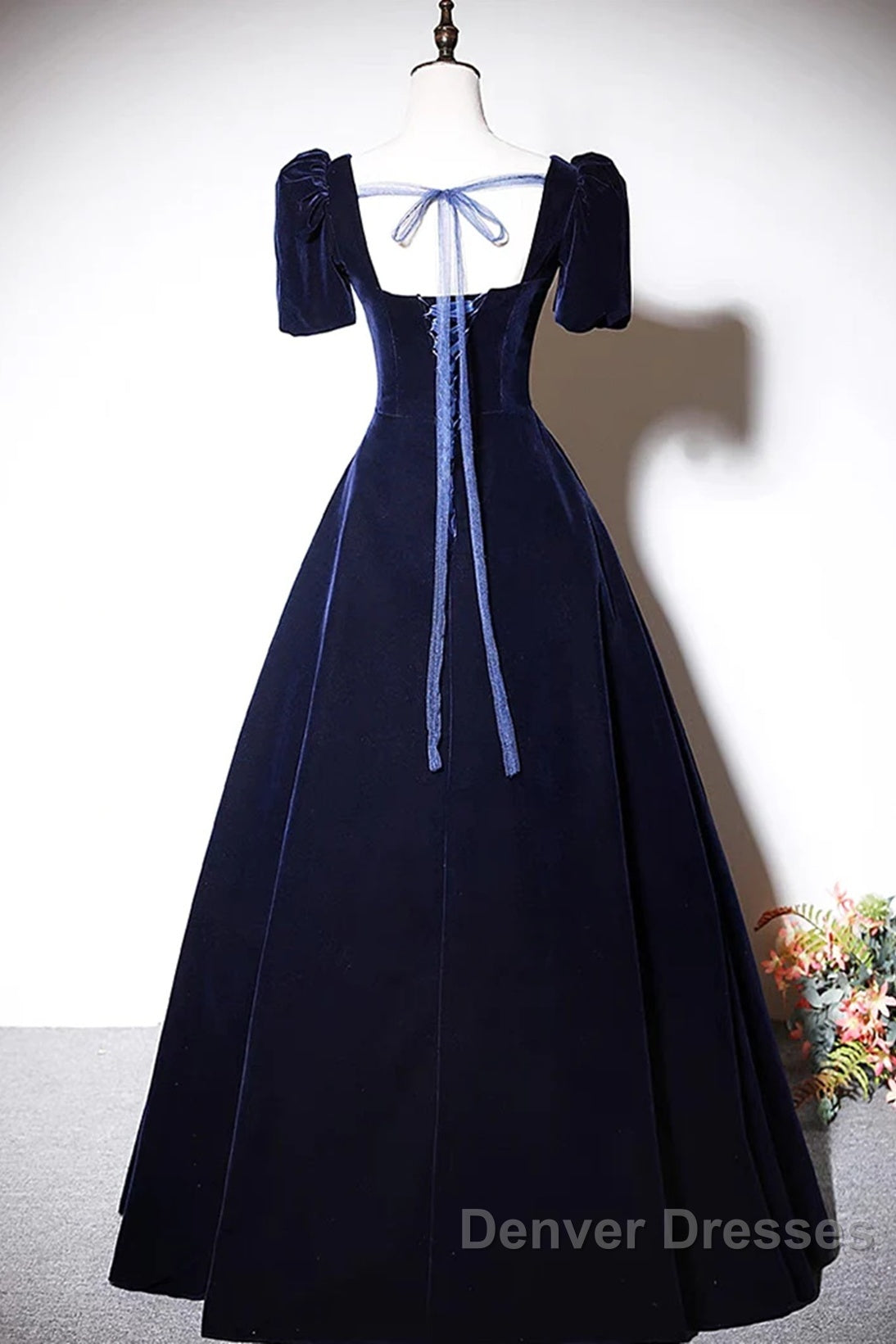 Navy Blue A-Line Velvet Long Evening Dress, Short Sleeves Beaded Prom Dress
