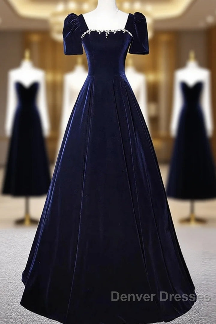 Navy Blue A-Line Velvet Long Evening Dress, Short Sleeves Beaded Prom Dress Main image