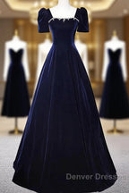 Navy Blue A-Line Velvet Long Evening Dress, Short Sleeves Beaded Prom Dress