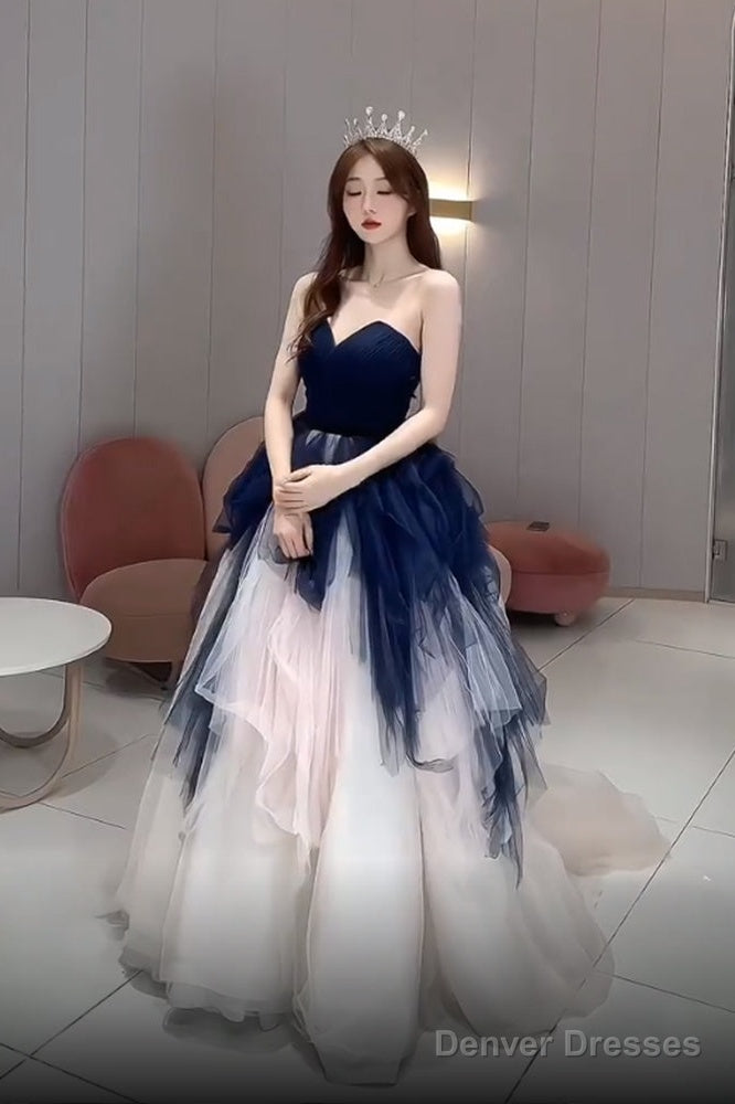 Navy Blue And Ivory Tulle Sweetheart Formal Dress, Layers Tulle Prom Dress Secondary image
