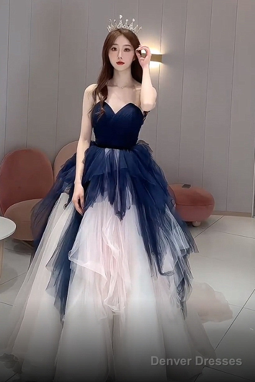 Navy Blue And Ivory Tulle Sweetheart Formal Dress, Layers Tulle Prom Dress Main image