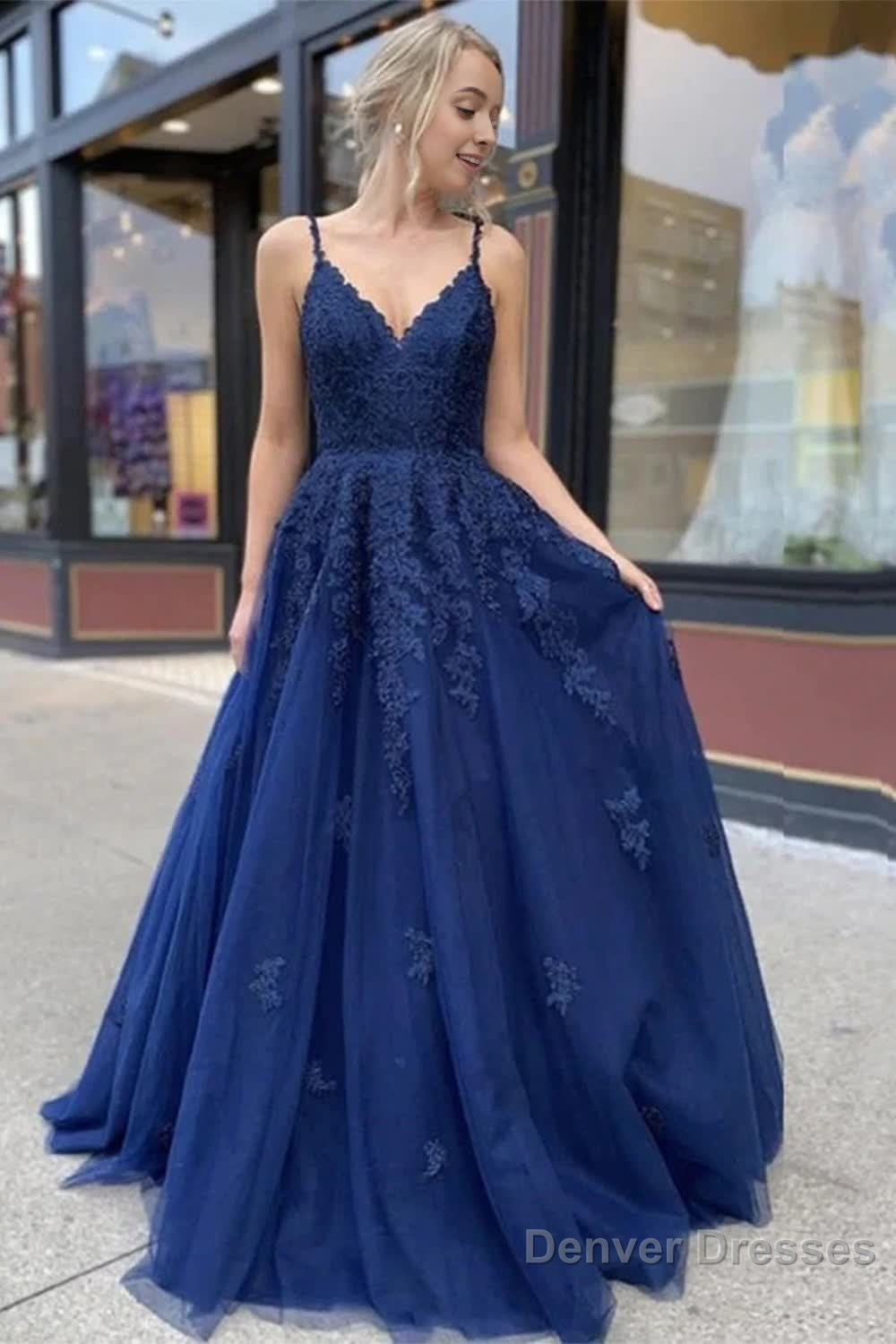 Navy Blue Appliques Long Prom Dress Evening Dress Main image