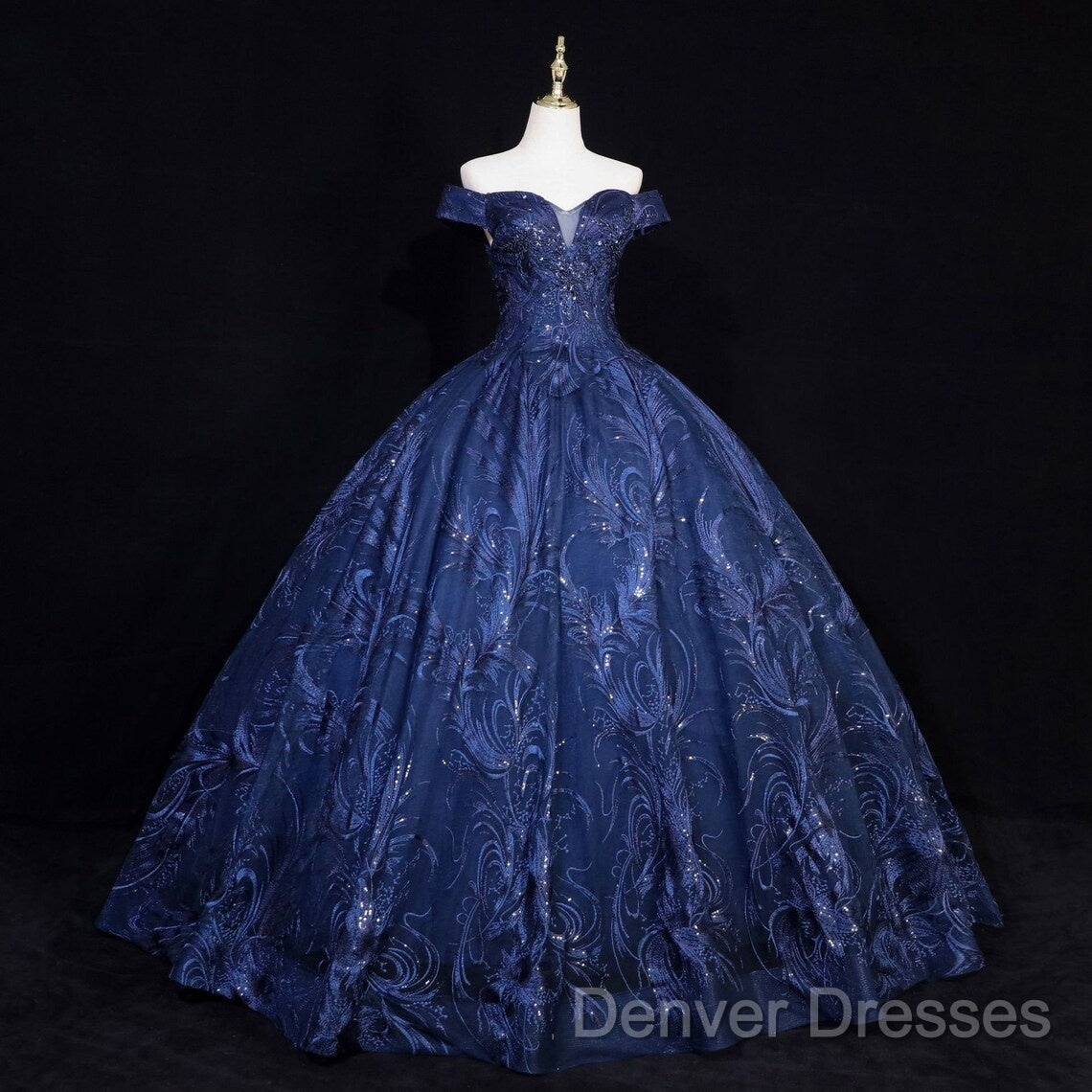 Navy Blue Ball Gown Long Formal Dress, Off Shoulder Navy Blue Party Dress Secondary image
