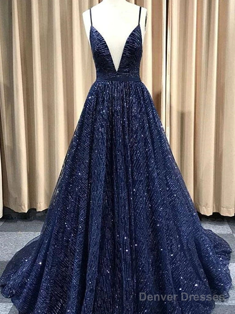 Navy Blue/Burgundy/Champagne Shiny A Line V Neck Prom Dresses Main image