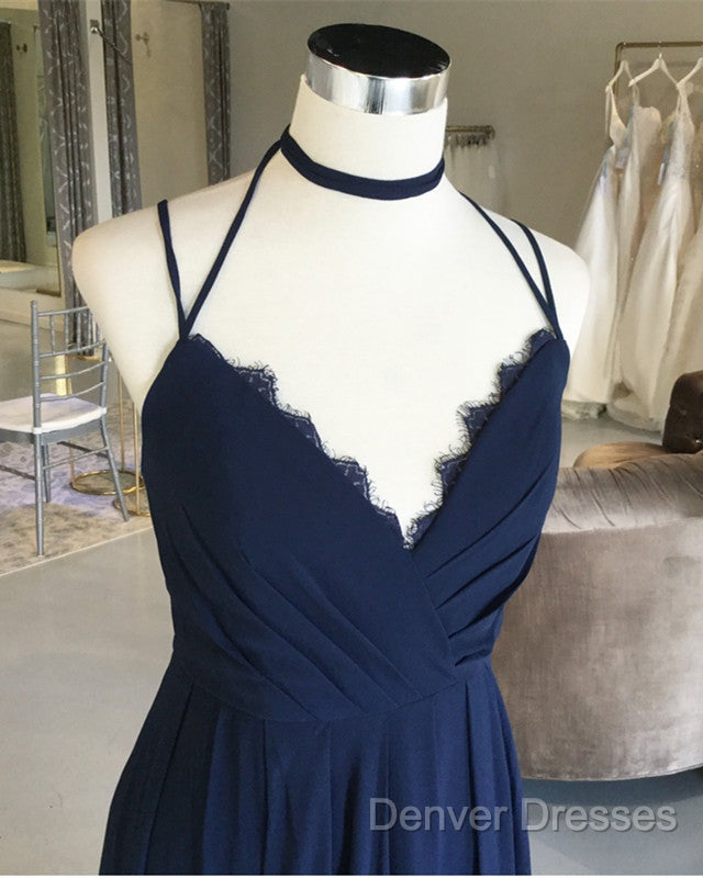 Navy Blue Chiffon Backless Bridesmaid Long Dress Lace Appliques Secondary image