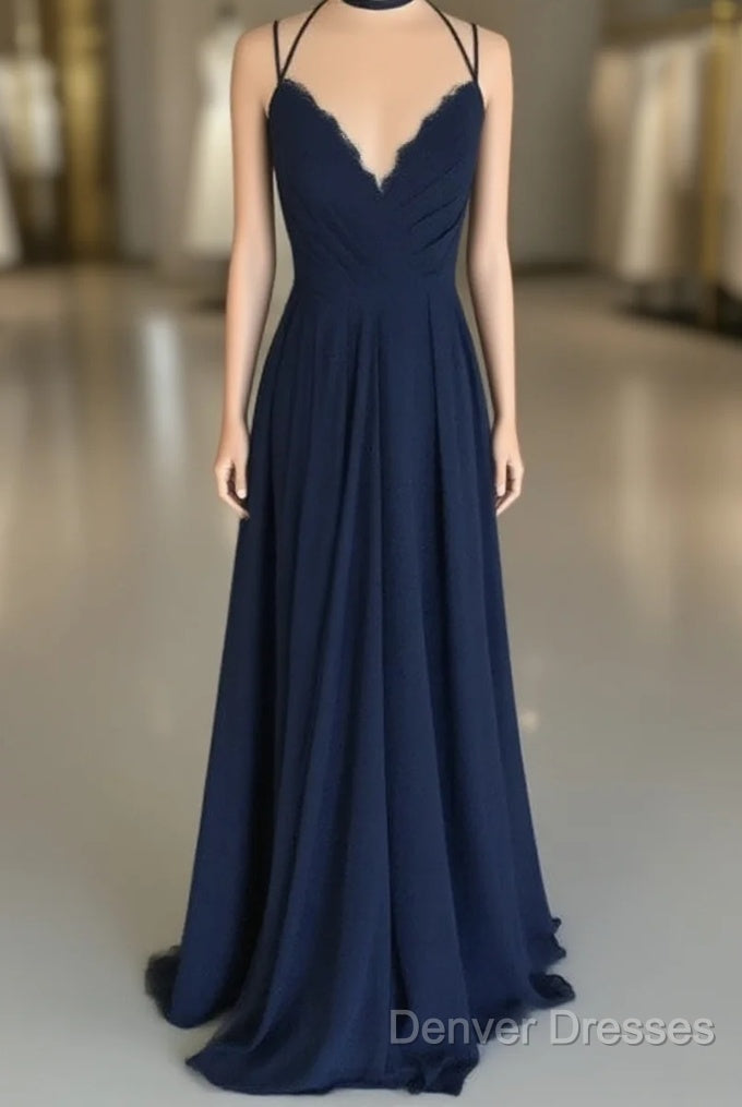 Navy Blue Chiffon Backless Bridesmaid Long Dress Lace Appliques Main image