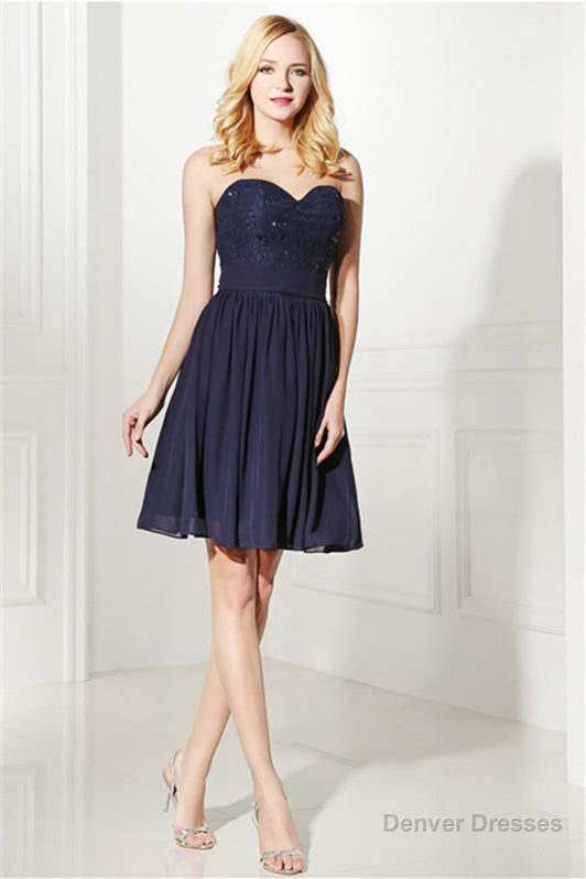Navy Blue Chiffon Sweetheart Lace Beading Short Homecoming Dresses Secondary image