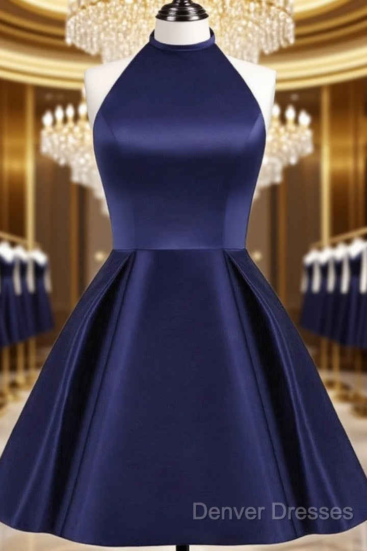 Navy Blue Cute Halter Satin Short Homecoming Dress, Blue Prom Dress Party Dress