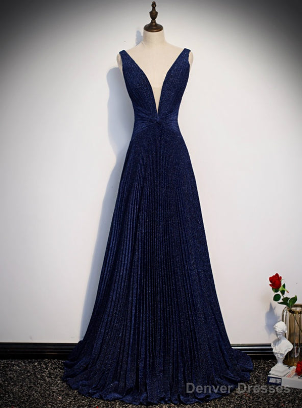 Navy Blue Deep V-neck Backless Pleats Prom Dress Main image