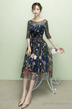 Navy Blue Floral Lace Short Bridesmaid Dresses, Cute Blue Homecoming Dress Prom Dress