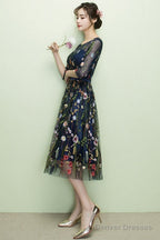 Navy Blue Floral Lace Short Bridesmaid Dresses, Cute Blue Homecoming Dress Prom Dress