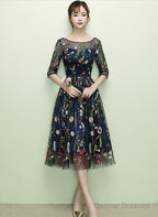 Navy Blue Floral Lace Short Bridesmaid Dresses, Cute Blue Homecoming Dress Prom Dress