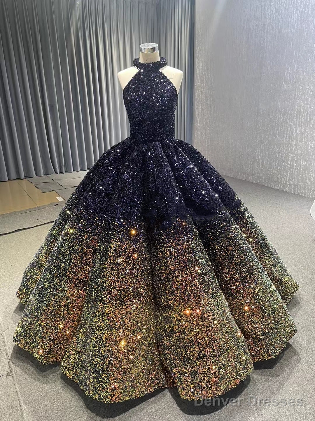 Navy Blue Gold Sequins Halter Prom Dress