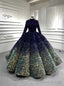 Navy Blue Green Sequins Long Sleeve Prom Dress
