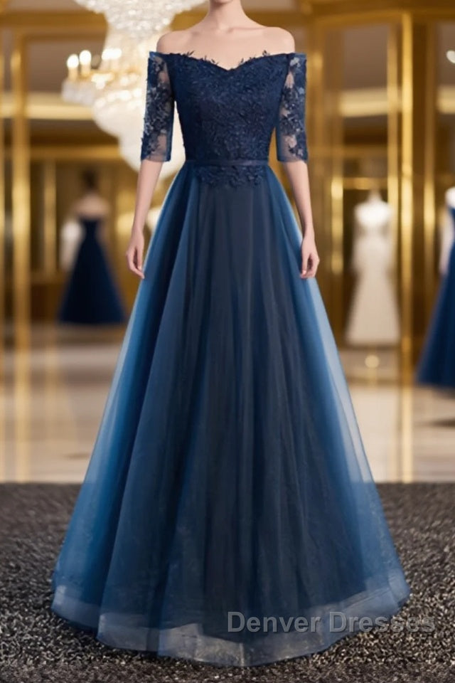 Navy Blue Half Sleeves Lace Long Prom Dress, Navy Blue Lace Formal Dress Main image