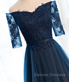 Navy Blue Half Sleeves Lace Long Prom Dress, Navy Blue Lace Formal Dress