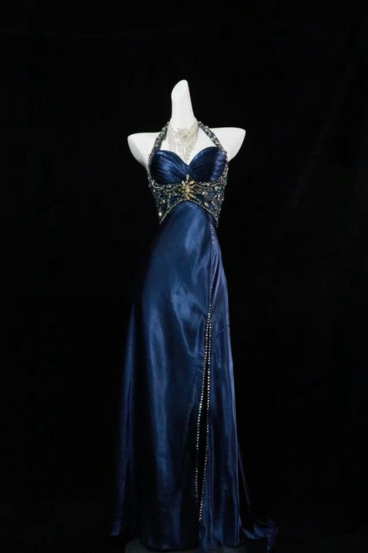 Navy Blue Halter Beaded Prom Dress Long Evening Dress