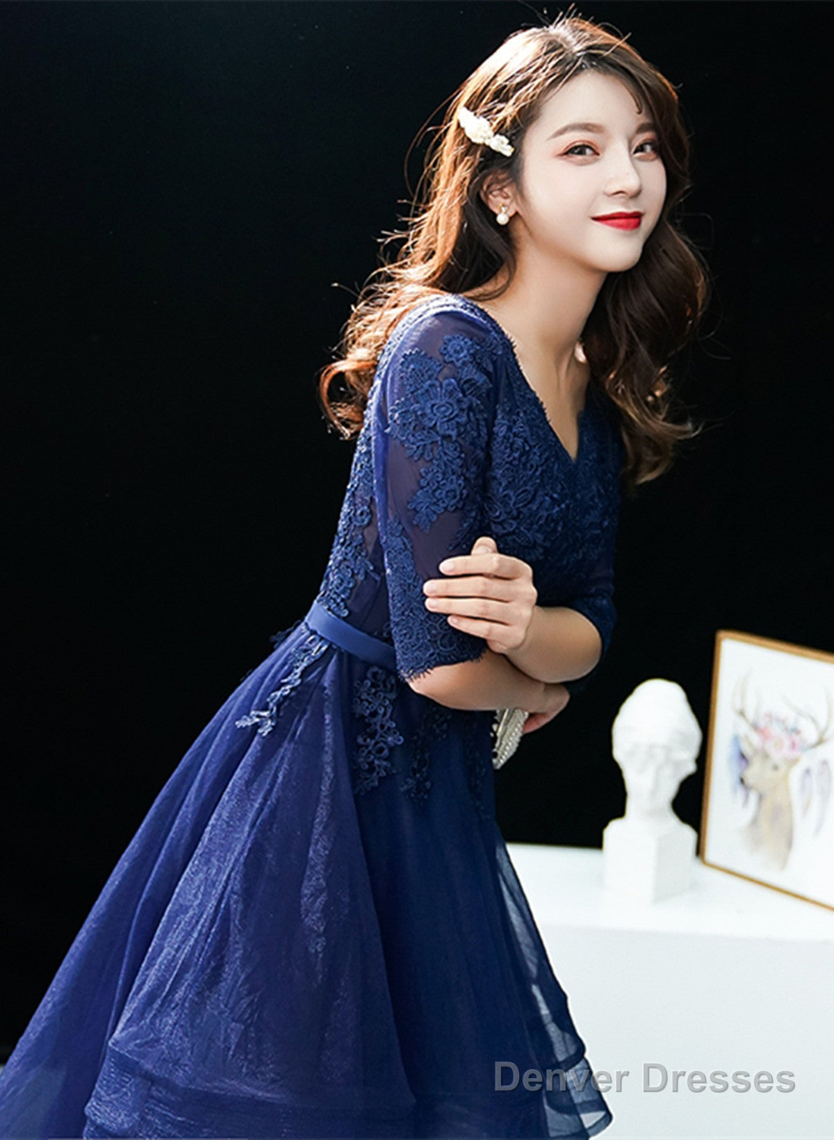 Navy Blue High Low Tulle With Lace Party Dress, Blue Homecoming Dress Prom Dress Secondary image