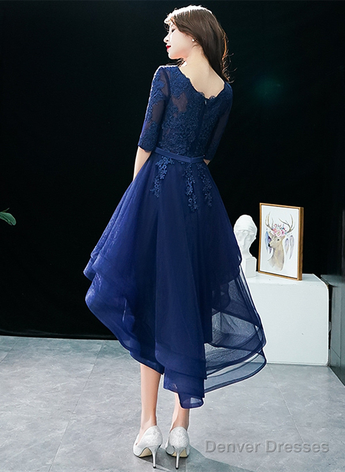 Navy Blue High Low Tulle With Lace Party Dress, Blue Homecoming Dress Prom Dress