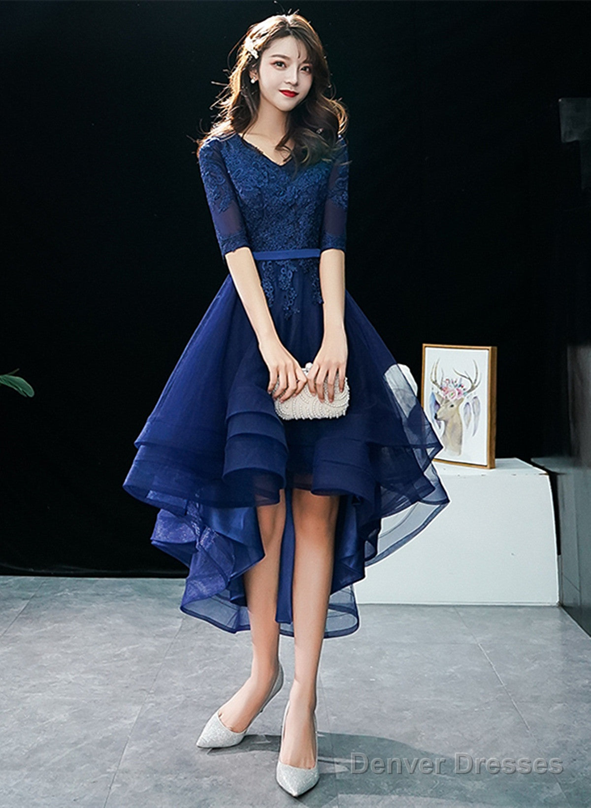 Navy Blue High Low Tulle With Lace Party Dress, Blue Homecoming Dress Prom Dress Main image