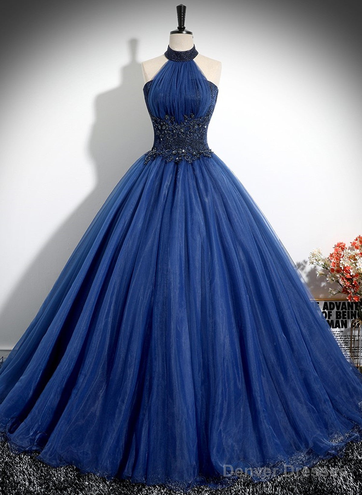 Navy Blue High Neckline Tulle Long Formal Dress, Navy Blue Ball Gown Party Dress Main image