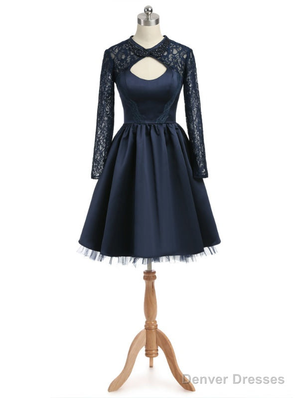 Navy Blue Homecoming Dresses A-line High Collar Long Sleeves Main image