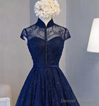 Navy Blue Knee Length Lace Party Dress, Homecoming Dress