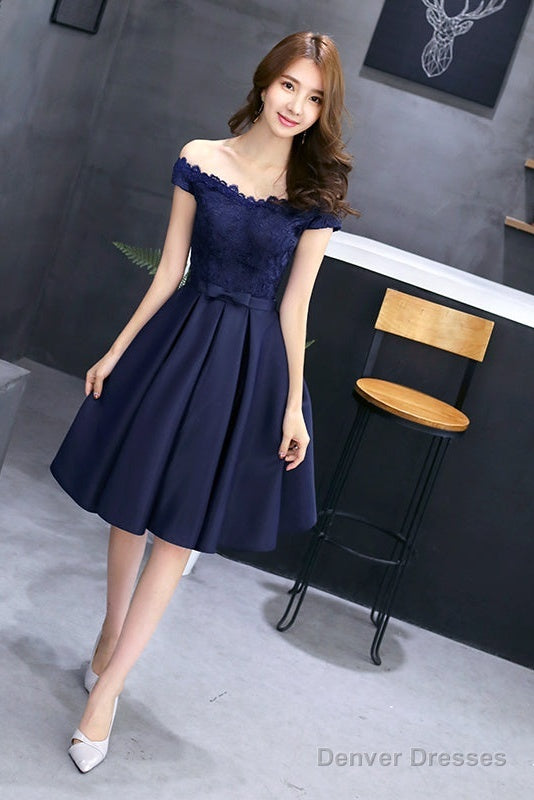 Navy Blue Lace And Satin Off Shoulder Party Dress With Bow, Cute Homecoming Dresses