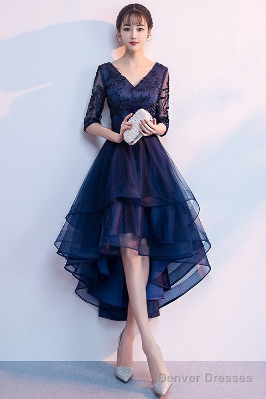 Navy Blue Lace And Tulle Layers V-Neckline High Low Party Dress, Blue Short Prom Dress