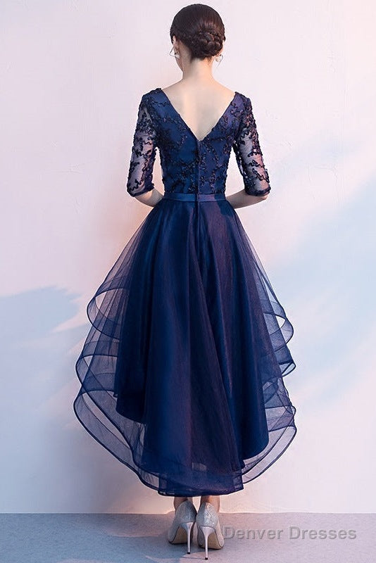 Navy Blue Lace And Tulle Layers V-Neckline High Low Party Dress, Blue Short Prom Dress