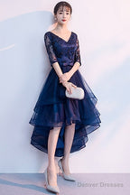 Navy Blue Lace And Tulle Layers V-Neckline High Low Party Dress, Blue Short Prom Dress
