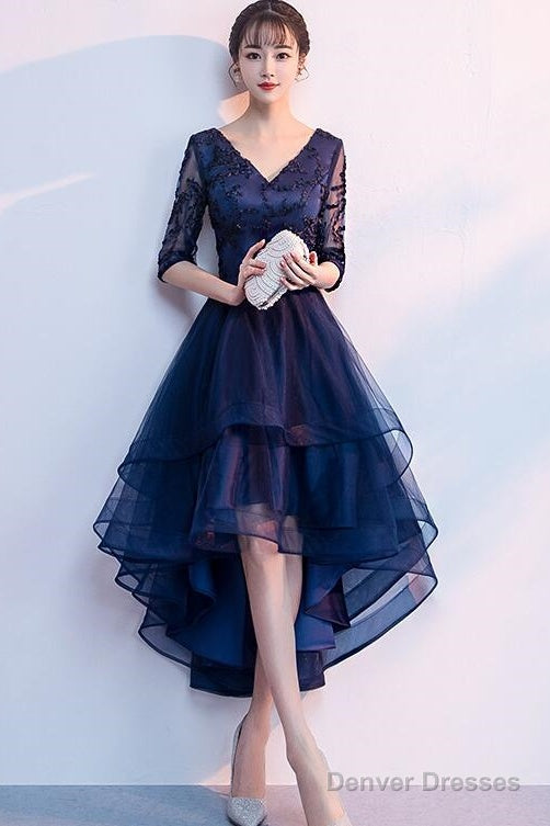 Navy Blue Lace And Tulle Layers V-Neckline High Low Party Dress, Blue Short Prom Dress Main image