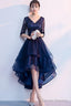 Navy Blue Lace And Tulle Layers V-Neckline High Low Party Dress, Blue Short Prom Dress