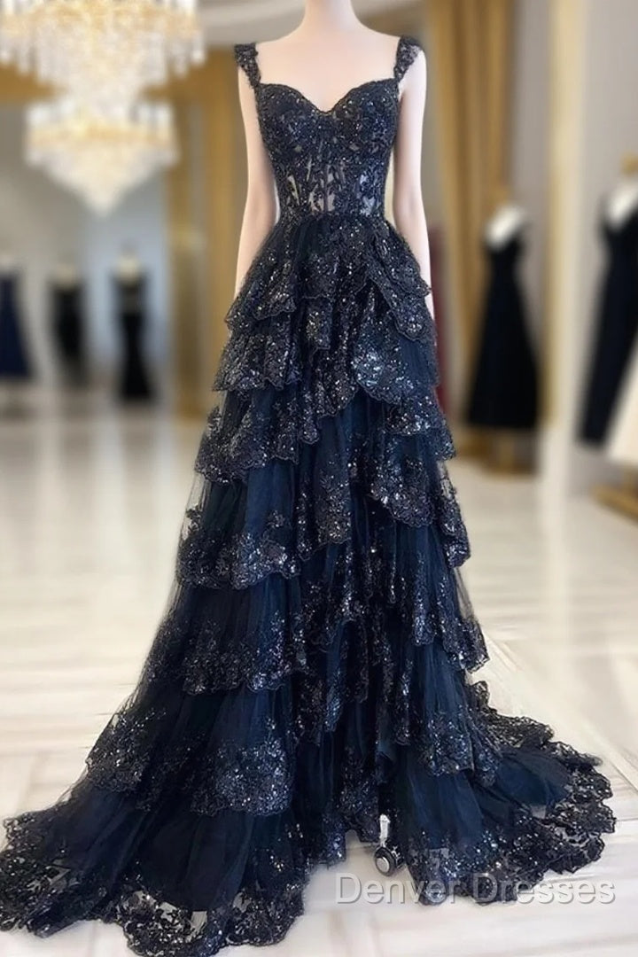 Navy Blue Lace And Tulle Sweetheart Long Formal Dress, Navy Blue Prom Dress Main image