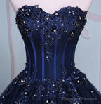 Navy Blue Lace Applique Tulle Long Party Dress, Blue Formal Gown