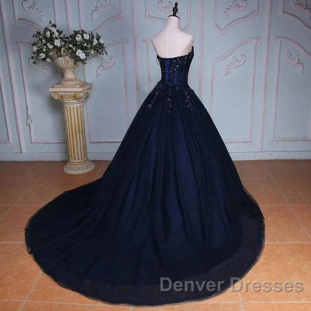 Navy Blue Lace Applique Tulle Long Party Dress Formal Gown Off Shoulder Floor Length Prom Dress Secondary image
