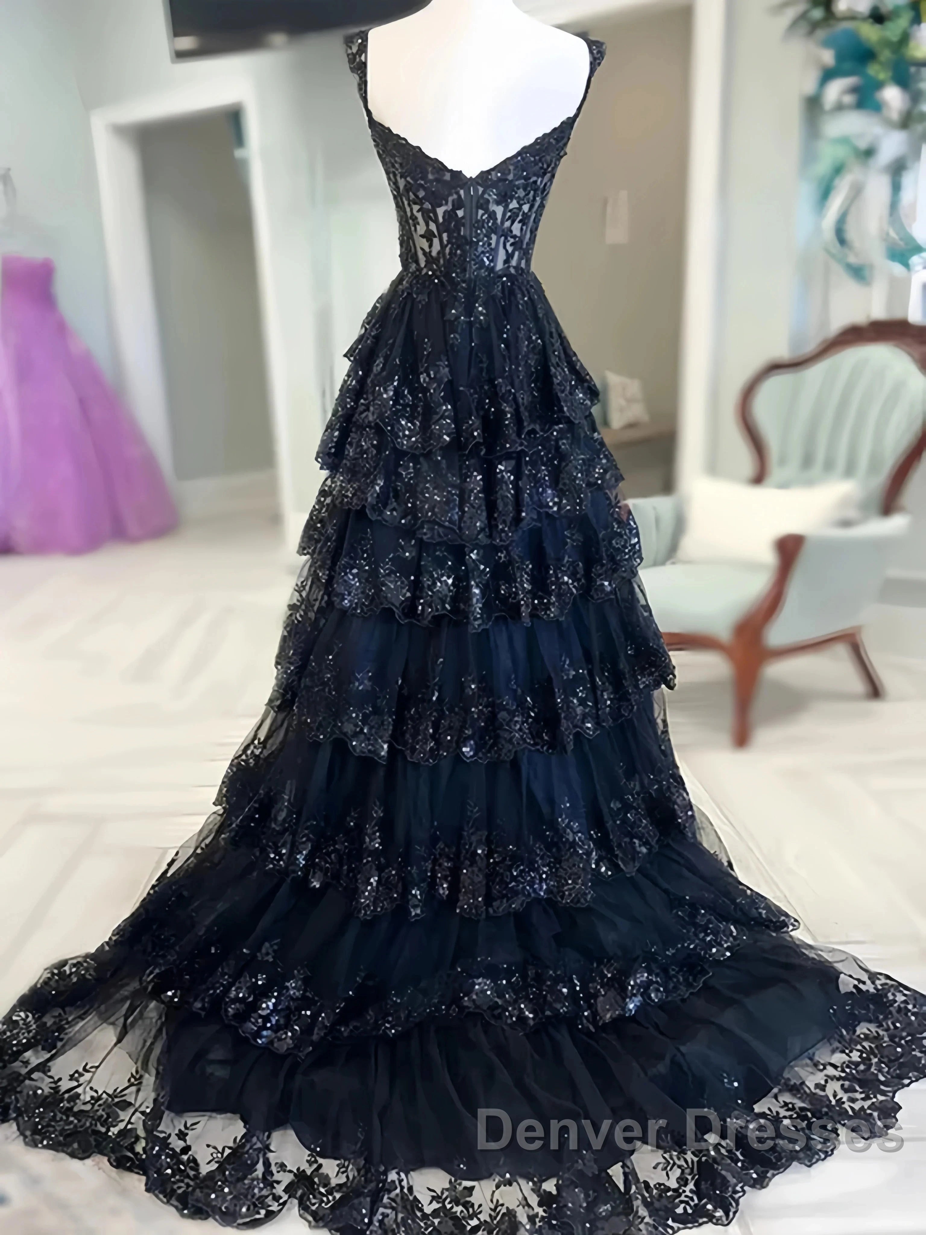 Navy Blue Lace Layered A Line  Prom Dress Secondary image