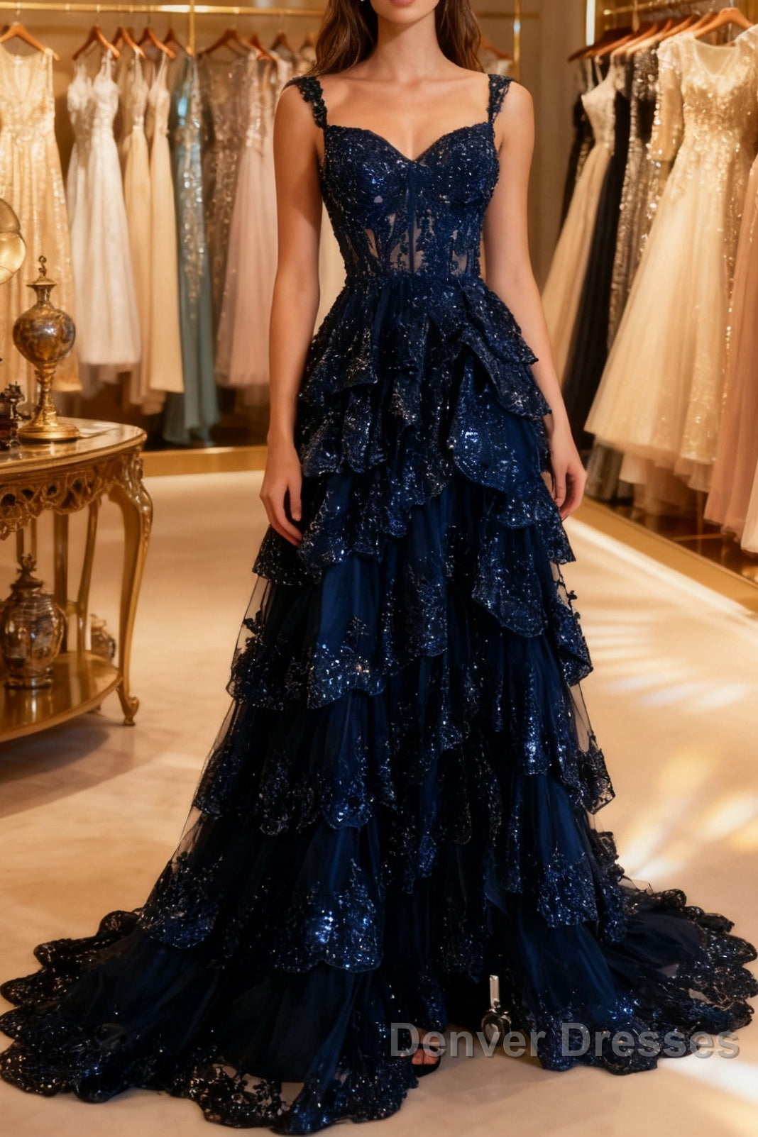 Navy Blue Lace Layered A Line  Prom Dress