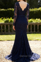 Navy Blue Lace Long Sleeves Applique Mermaid Long Fromal Prom Dress
