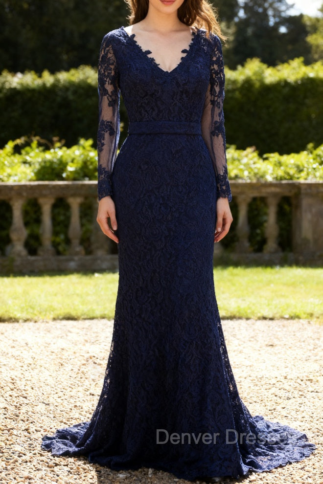 Navy Blue Lace Long Sleeves Applique Mermaid Long Fromal Prom Dress Main image