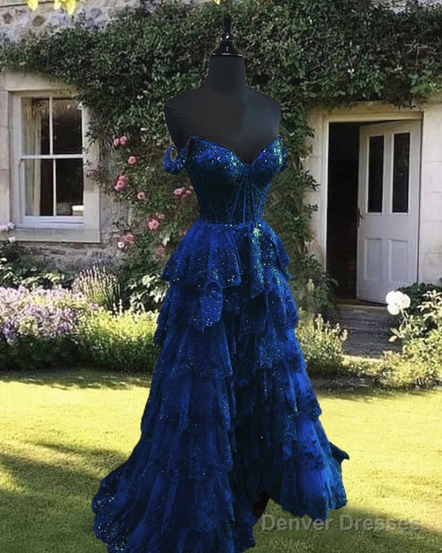 Navy Blue Lace Ruffles Split Dress Main image