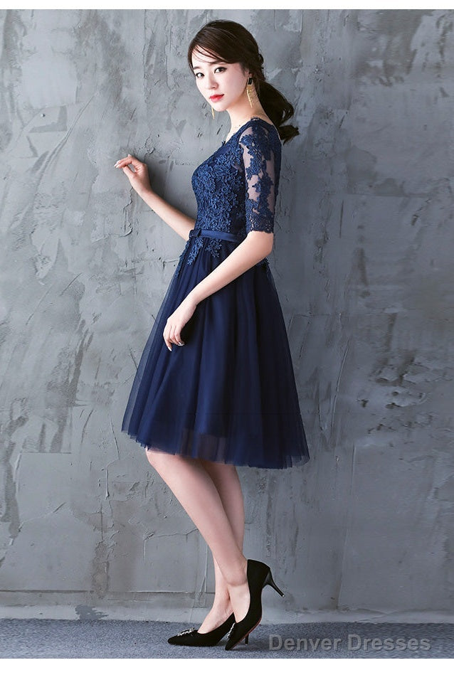 Navy Blue Lace Short Sleeves Tulle Short Homecoming Dress, Blue Tulle Prom Dress Formal Dress Secondary image